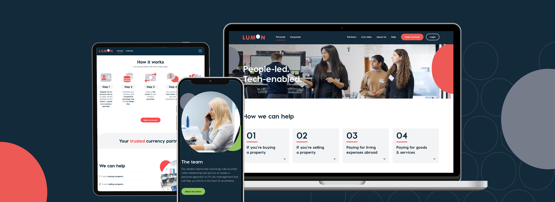 Responsive website design displayed on multiple devices featuring 'Lumon' currency exchange platform with a headline 'People-led. Tech-enabled.' Steps on how to get started, services offered for buying and selling property, and living expenses abroad, with images of a diverse team in a collaborative office environment