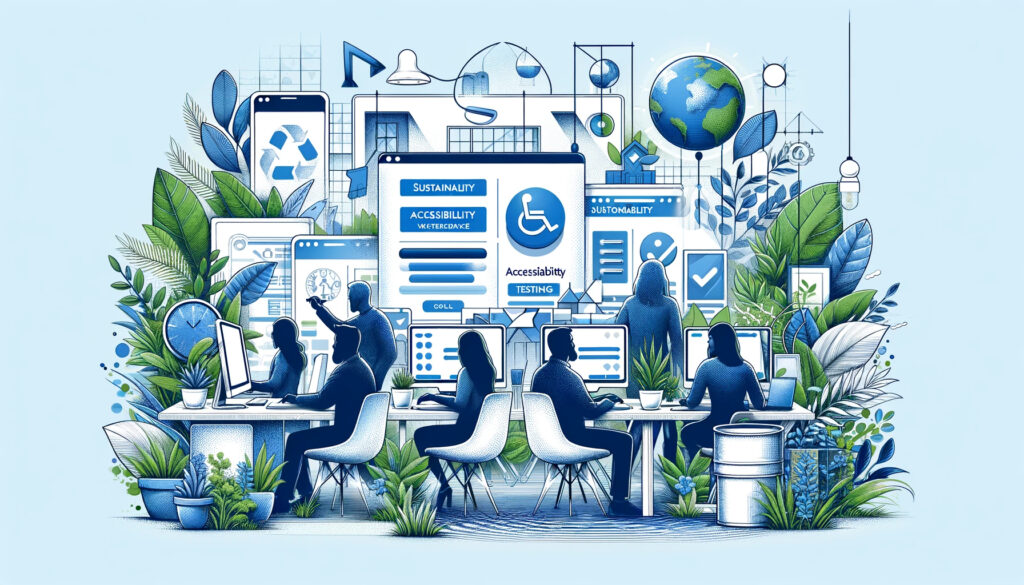 
"Digital agency team collaborating in an eco-conscious workspace, surrounded by greenery and working on computers with accessibility and sustainability icons on the screens, emphasizing a commitment to environmentally friendly and inclusive web design."
